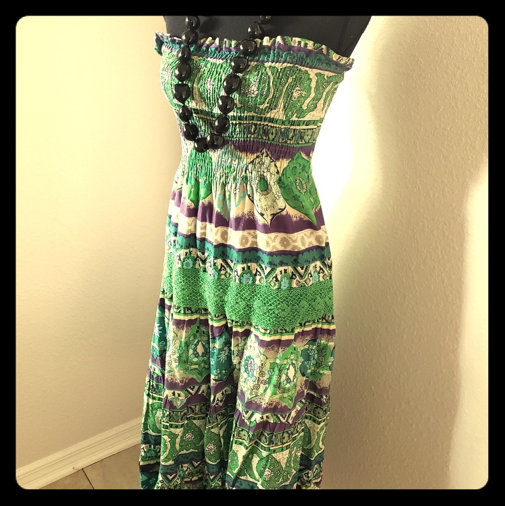 Womens Green Bohemian Strapless Dress